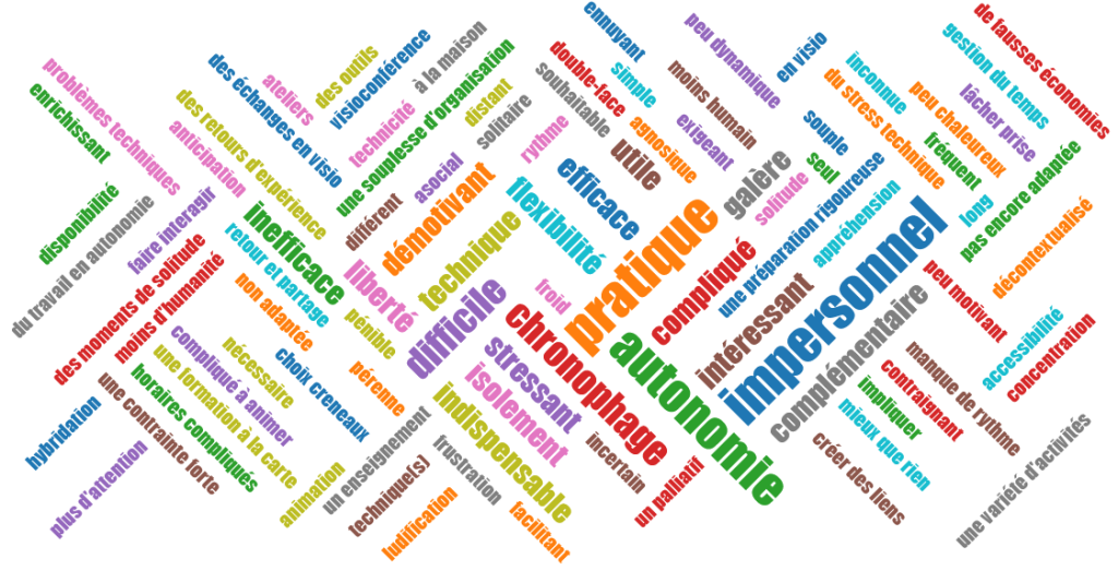 nuage de mots issu du Lab'hybridation sur les représentation de la formation à distance. 3 mots ressortent autonomie, pratique, impersonnel